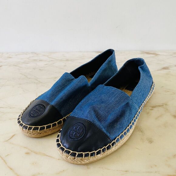 TORY BURCH Solid Blue Denim Canvas Espadrille Flats Small Logo - US 7 - Picture 1 of 8